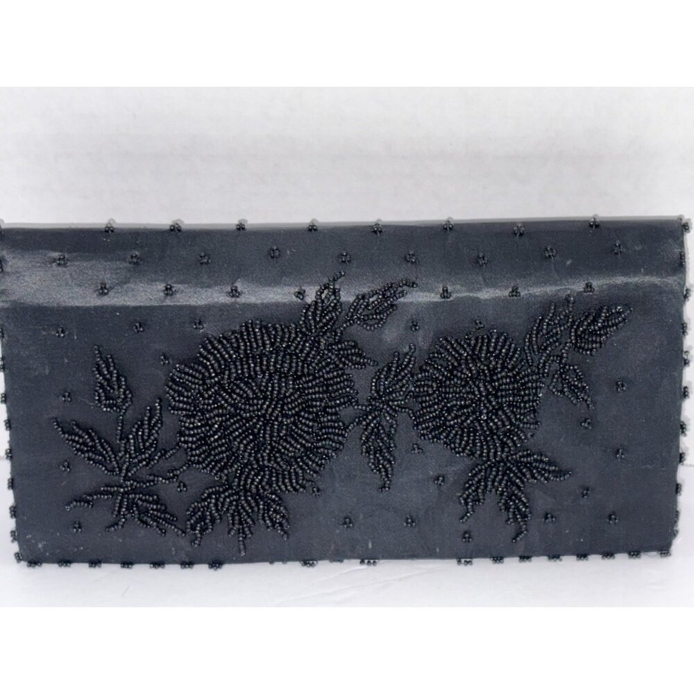 1950's VINTAGE  FORTUNE HONG KONG BLACK SATIN BEADED HARD SIDED CLUTCH PURSE